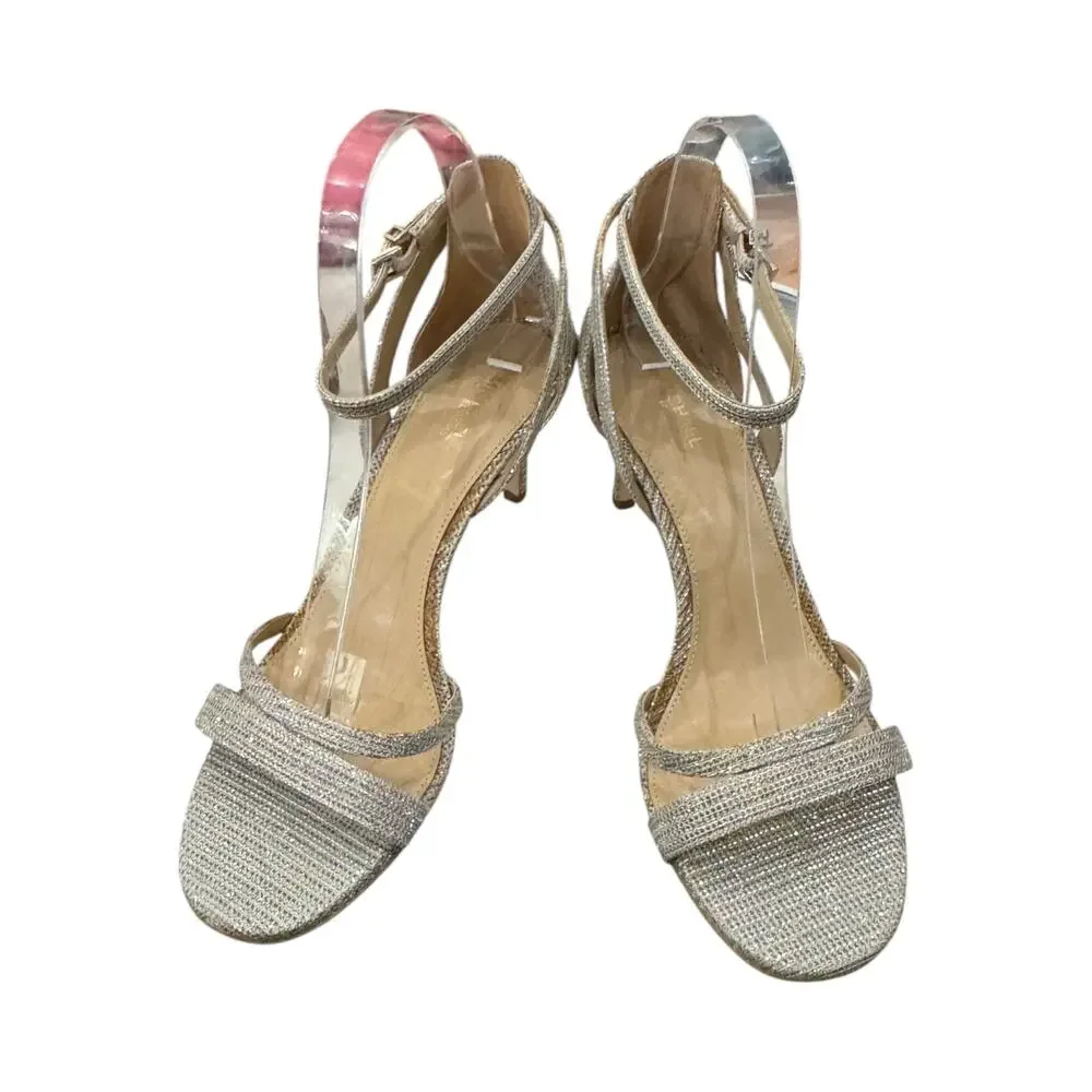 MICHAEL Michael Kors Ava Glitter Mesh Silver Sand Heels Size 9M